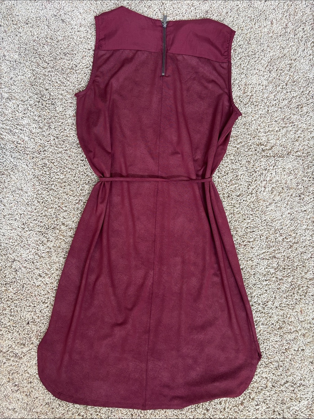 ONLY Burgundy Faux Suede Sleeveless Tie Waist Curved Hem Dress - Picture 5 of 8
